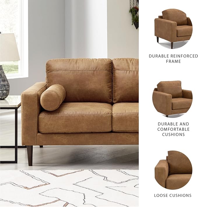 Signature Design by Ashley Telora Modern Faux Leather Loveseat with 2 Bolster Pillows Dark Brown