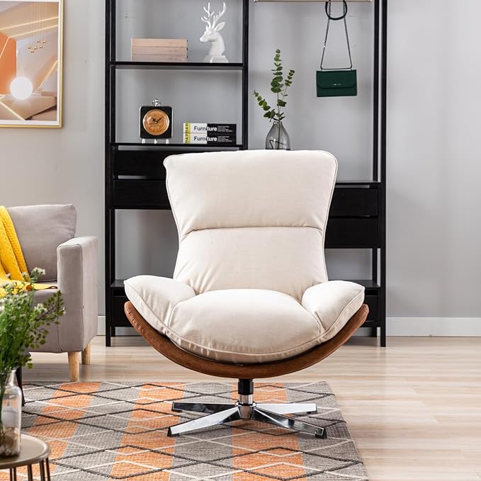 Modern Swivel Accent Chair Comfy Upholstered Linen Fabric Lounge Chair Sofa Chair with High Backrest Rocking Chair for Living Room Bedroom 1pc Beige