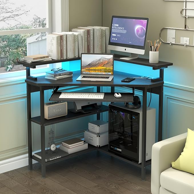 Auromie Corner Desk with Charging Station &amp LED Light Triangle Corner Desk with Monitor Stand &amp Keyboard Tray for Small Space Gaming Computer Desk with Storage Shelves for Home Office (Black