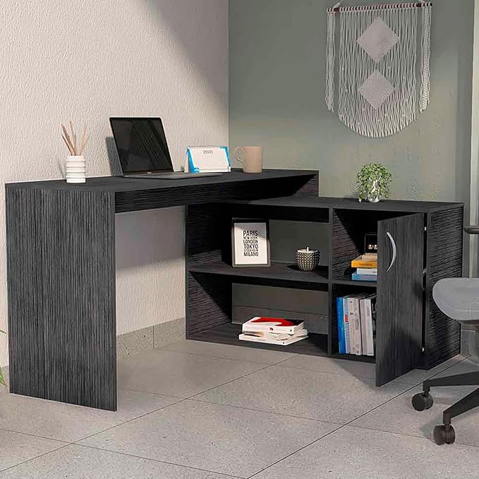60 Inch Black L Shaped Desk with Storage Large Computer Corner Home Office Desk with File Cabinet &amp 2 Storage Shelves Wood Corner Desk for Small Space Gaming Writing Work