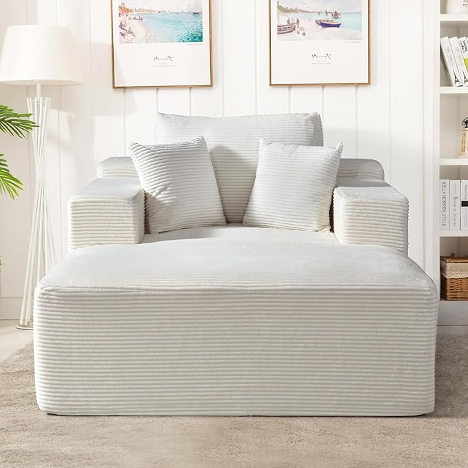 Monroe Convertible Chaise Lounge Chair Indoor – Oversized Corduroy Couch with Wide Armrest &amp Throw Pillows Cozy Boneless Sleeper Sofa Bed Armchair Beige