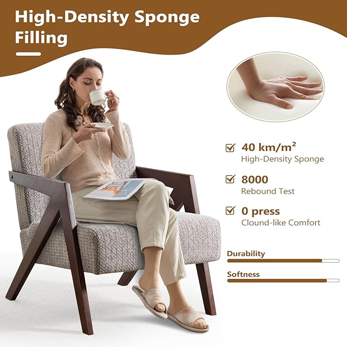 Bonzy Home Mid-Century Modern Accent Chair Set of 2 with Wood Frame Upholstered Armchair for Bedroom &amp Living Room Linen Fabric Cushion Z-Shaped Armrest Design Sturdy Lounge Chair