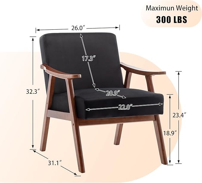 Mid Century Modern Accent Chairs with Solid Wood Frame Comfortable Accent Chair with Arms for Living Room or Bedroom Black