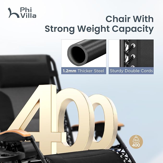 PHI VILLA XXL Oversized Padded Zero Gravity Chair Foldable Patio Recliner 30 Wide Seat Anti Gravity Lounger with Cup Holder Support 400 LBS (Black 1Pcs)