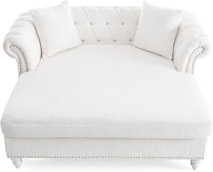 62.99 Chaise Lounge Indoor Comfy Reading Chair with 2 Pillows Loveseat Chesterfield Sofa with Tufted Back &amp Rolled Arm Oversized Chaise Lounge Couch Indoor for Living Room White Teddy