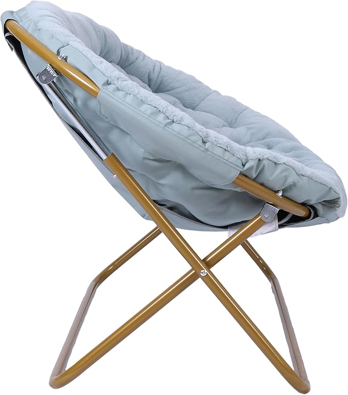 Flash Furniture Eleanor Portable Double Saucer Chair with 2 Ottomans Folding Steel Frames for Dorm or Bedroom 56 Dusty Aqua Faux Fur/Soft Gold Frame