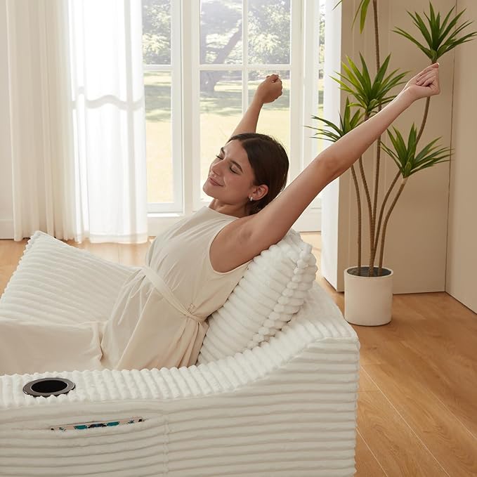 67.7 Oversized Chaise Lounge Chair Indoor Modern Corduroy Single Sleeper Couch Chair with 3 Soft Pillows＆Cup Holder Boneless Cloud Couch Single Seat Sofa for Living Room Bedroom (White)