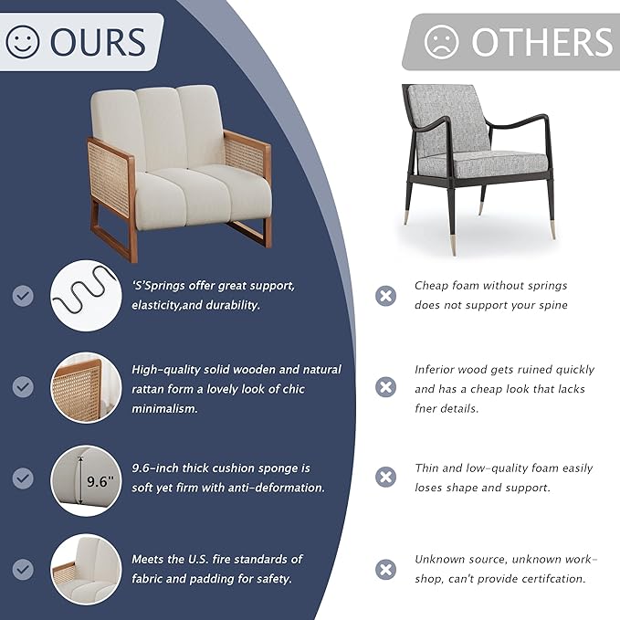 WENTMENT Rattan Accent Chair Armchair with Natural Rattan Armrest and Wood Frame Upholstered Living Room Chair Line Sofa Chair for Reception Room/Hosting Room/Bedroom(White)
