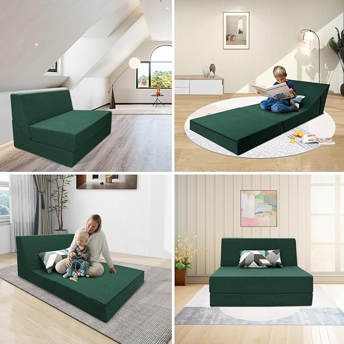 ANONER Convertible Chair Bed Sleeper with Memory Foam &amp Pillow Fold Out Chair Bed Couch Lounge Chaise for Living Room Bedroom Guest Room Home Office Dark Green