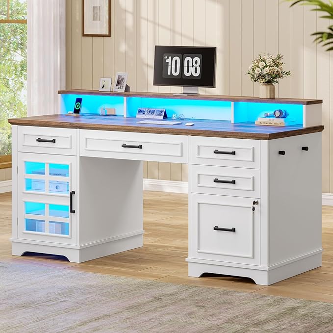60'' Farmhouse Executive Desk with Drawers Home Office Desk with Power Outlet &amp LED Light Wood Computer Desk with Monitor Stand Locking File Drawer Glass Storage Cabinet Hooks White