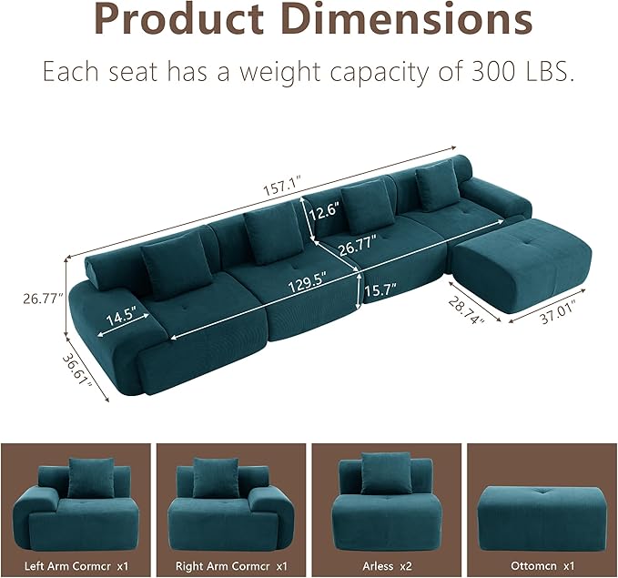 L-Shaped Boneless Modular Sectional Sofa Boneless Sectional Couch Oversized 4-Seater Cloud Couch with Deep Seat and Movable Ottoman for Living Room Apartment Green
