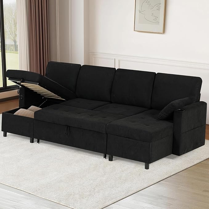 110 Inch Sleeper Sofa Bed w/7 Angles Adjustable Backrests Fabric sectional Sofa Bed w/USB Port Convertible U-Shaped Couch Bed w/Storage Chaise &amp Thicker Cushions for Living Room Black