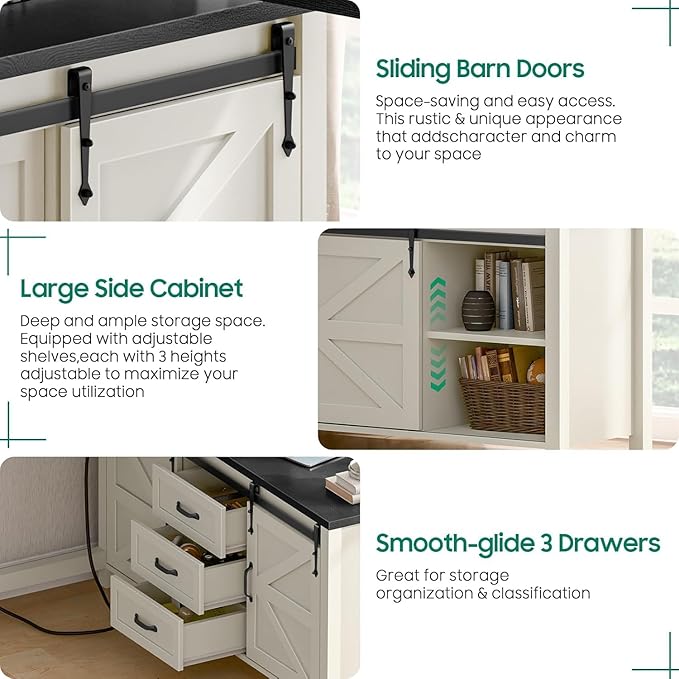 Executive L Shaped Office Desk with Drawers Farmhouse Corner Desk for Home Office with Storage Cabinet Computer Desk with Charging Station Reversible Study Writing Table Workstation Rustic White