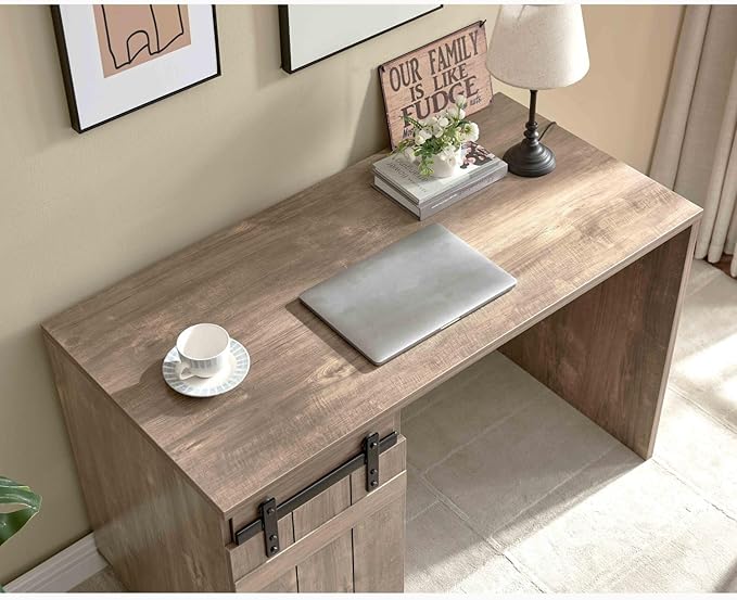 Home Office Desk Hazelnut - One Cabinet Three Shelves - Faux Barn Door Metal Euro Hinges