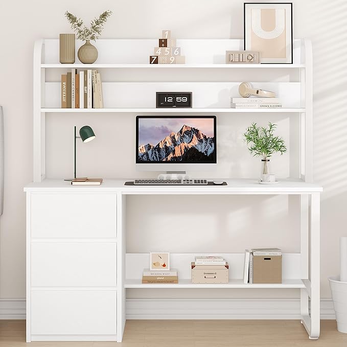 White Desk with Hutch 55 Inch Computer Desk with 3 Drawers for Bedroom Study Writing Desk with Shelves for Small Spaces Adjustable Feet