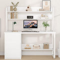 White Desk with Hutch 55 Inch Computer Desk with 3 Drawers for Bedroom Study Writing Desk with Shelves for Small Spaces Adjustable Feet