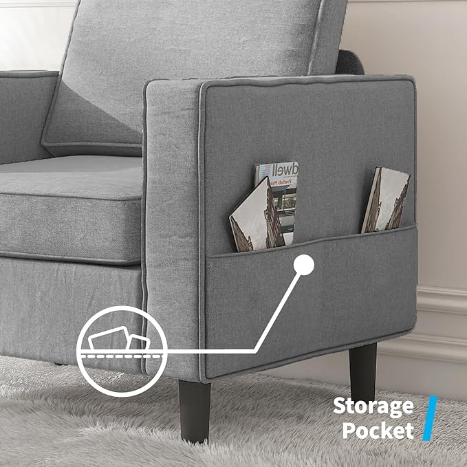 Mjkone Armchair Accent Chair with Storage Pockets Modern Single Sofa Chair for Living Room/Apartment/Small Spaces/Bedroom - Light Grey