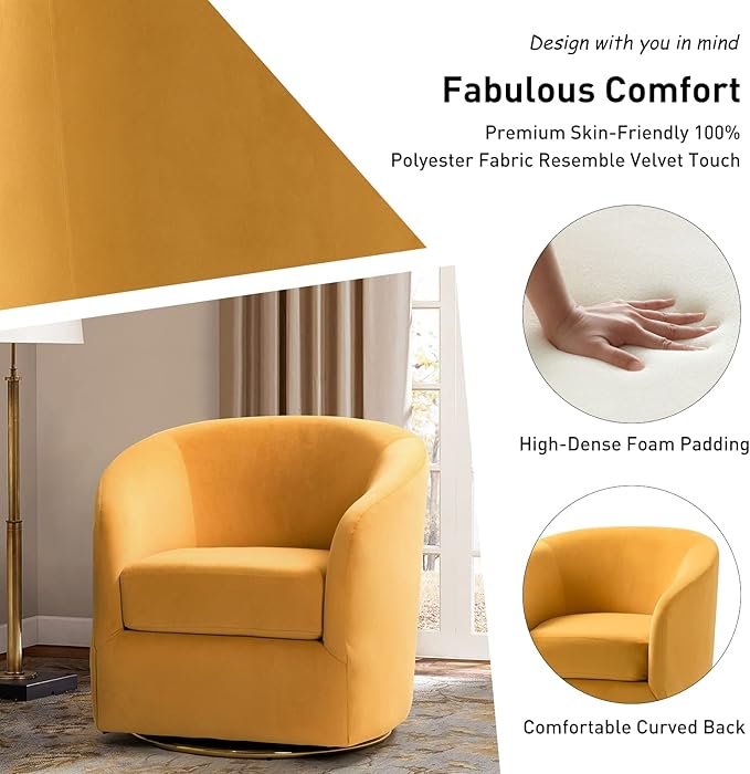 HULALA HOME Swivel Accent Chair with Gold Metal Base Contemporary Velvet Curved Swivel Barrel Chair Upholstered Club Armchair Leisure Single Sofa for Living Room Nursery Bedroom(Mustard)