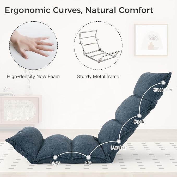 Dual-End 14-Position Recliner Chair with Ergonomic Back Support Single Sofa for Living Room (Blue)