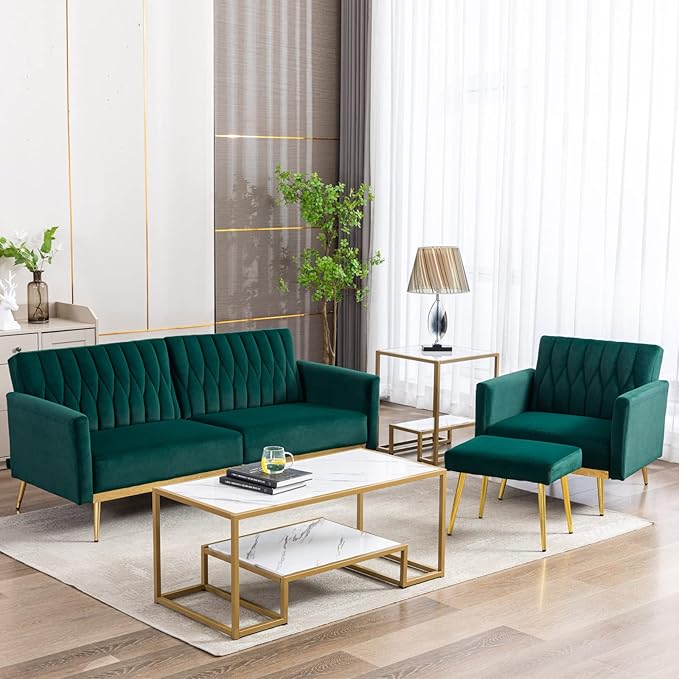 Paddie Modern Velvet Single Sofa Chair with Ottoman Accent Living Room Chairs with Adjustable Armrests Upholstered Tufted Lounge Chair for Home Bedroom Office