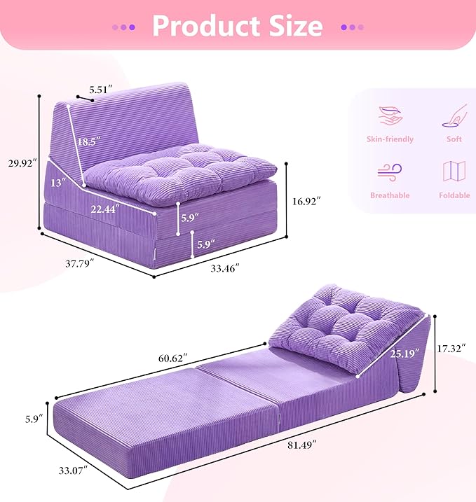 Hobestluk Sofa Couch Folding Sofa Bed Comfy Floor Lounger Convertible Sofa with Removable Cushion Couches for Small Spaces Foldable Mattress for Living Room Bedroom or Office (Cordury Purple Large)