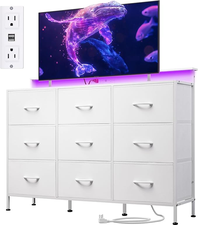 White TV Stand for 45 50 55 inch TV TV Media Console Table with LED Lights &amp Charging Station Entertainment Center with 9 Fabric Drawers and Open Shelves for Living Room Hallway
