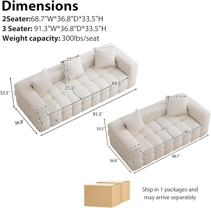 Chenille Cloud Sofa Couch Set with 5 Soft PillowsComfy Upholstered LoveSeat Sofa SetModern Deep Seat Sherpa Cloud Couch Oversized Love Seat for Living RoomBeige White