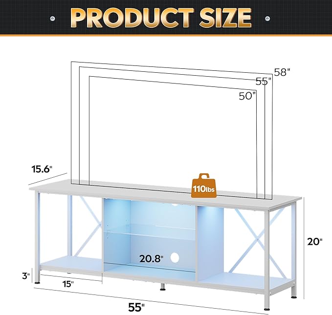 WLIVE Industrial TV Stand with LED Lights for Up to 65 TVs Waterproof &amp Scratch-Resistant Adjustable Shelves Modern Entertainment Center for Living Room White