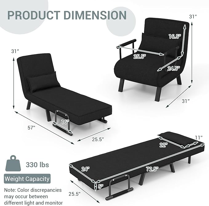 S AFSTAR 4 in 1 Convertible Sofa Bed Sleeper Chair Folding Sofa Arm Chair with Pillow and 6 Position Adjustable Backrest Full Padded Lounger Couch Bed for Home/Office (Black)
