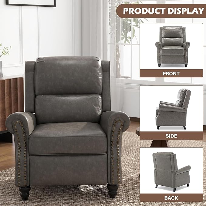 UIXE PU Leather Pushback Recliner Chairs Set of 2 Overstuffed Armchair Push Back Accent Chair for Living Room Rivet Trim Club Chair Home Theater Single Sofa Bedroom Side Reading Seat - Gray