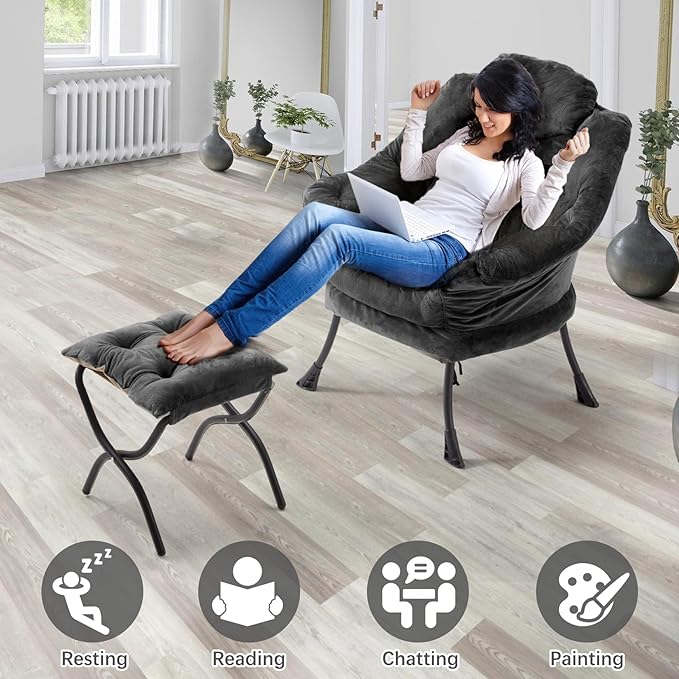Lazy Chair with Folding OttomanLeisure Sofa ChairSoft Fabric Armchair with Armrests and Side Pockets Reading Chair with Footrest for Living Room Bedroom Office (Plush Dark Grey)