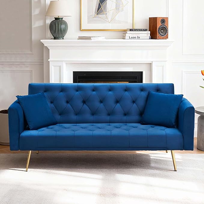 71Convertible Futon Sofa Bed - Modern Velvet Sleeper Couch with Adjustable Backrest Tufted Recliner with Golden Chrome Legs &amp 2 Pillows Perfect for Small Spaces Living Room &amp Apartment (Bl