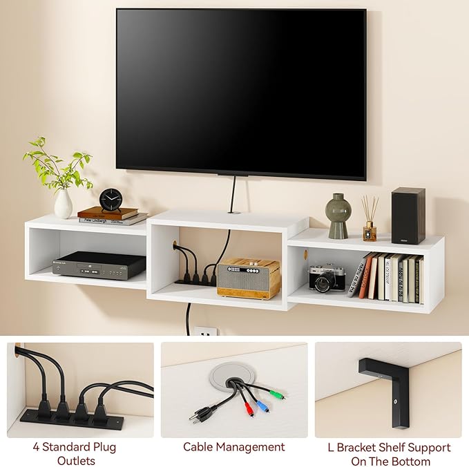IBUYKE Floating TV Stand Wall Mounted with Power OutletModern Wood Wall Mounted Media Console ShelfFloating Entertainment Center for Under TV Storage for Living Room Bedroom OfficeWhite WST001W