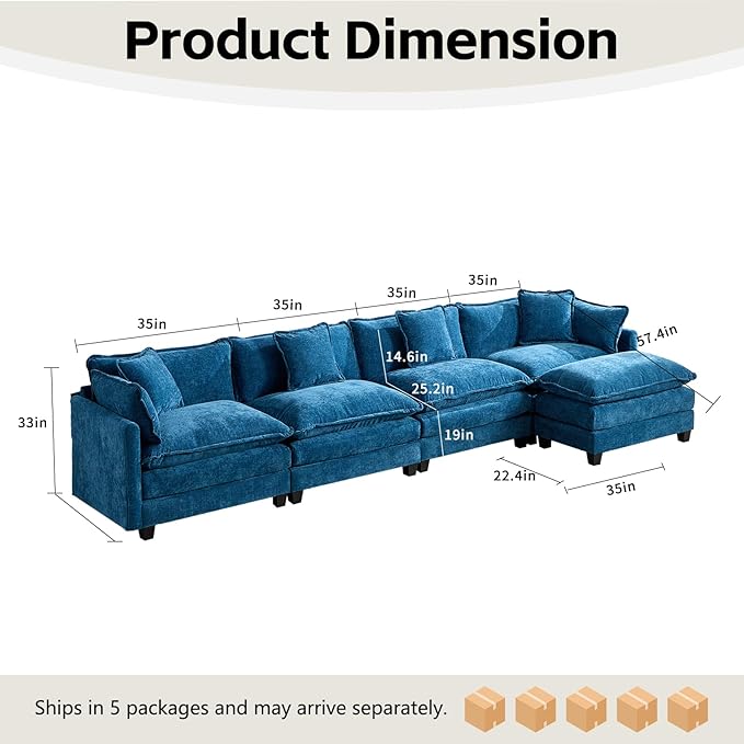 146.5 L Shaped Couch Modular Sectional Sofa Comfy Chenille Cloud Couch with Movable Ottoman and Pillow Modern 4-Seater Deep Seat Sofa for Living Room (BlueL Shaped Sofa)