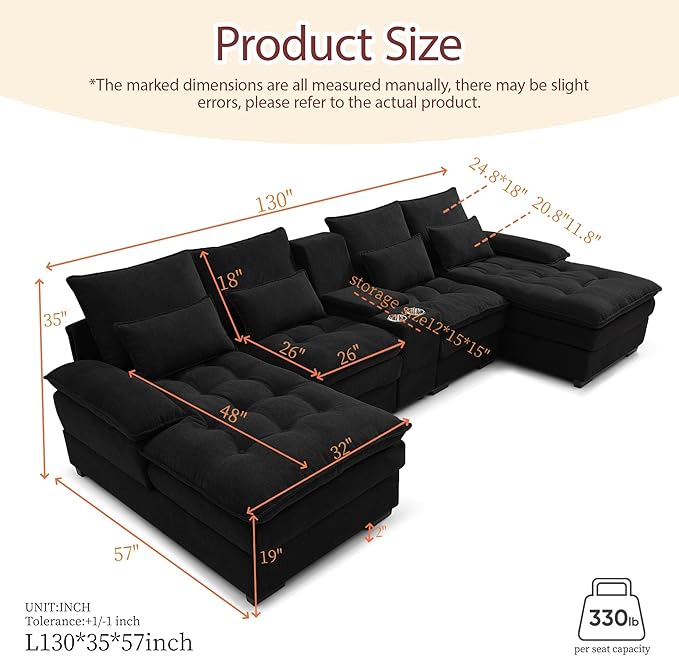 130 U-Shaped Modular Sectional Sofa Oversized Cloud Couches with Storage Console &amp Cup Holders Linen Sofa with Chaise/Pillows 6-Seater Deep Seat Couches for Living Room (Black) | Breathable ma