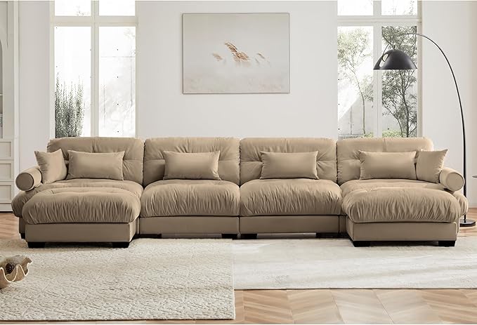 Setawix Modular Sectional Sofa Couch Oversized 6-Seats Comfy U-Shaped Couches with Ottoman Chaise Modern Deep Seat Velvet Cloud Sofa Bed for Living Room(Camel)
