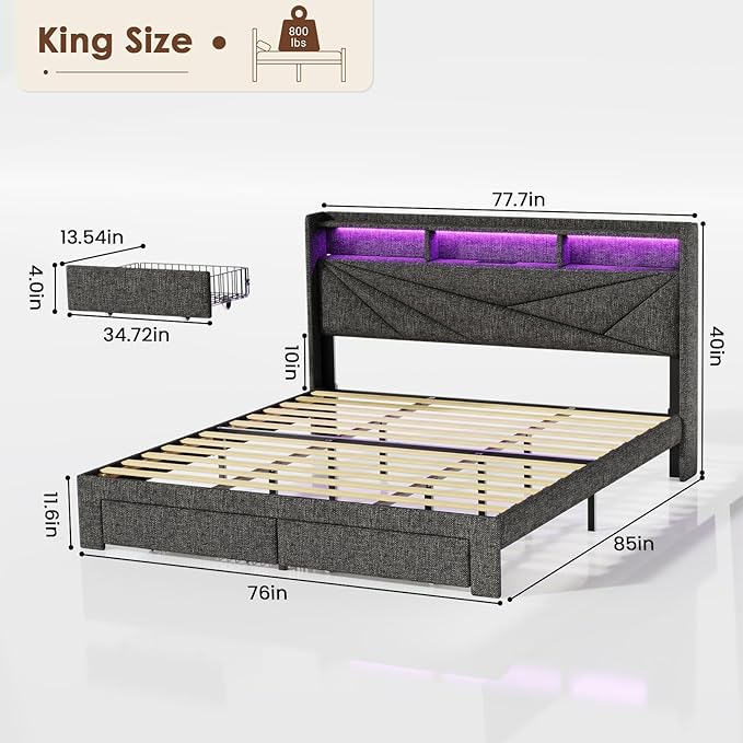 LED King Size Bed Frame with 2 Storage Drawers Upholstered King Bed Frame with Headboard and Charging Station No Box Spring Needed Easy to Assembly-Dark Grey