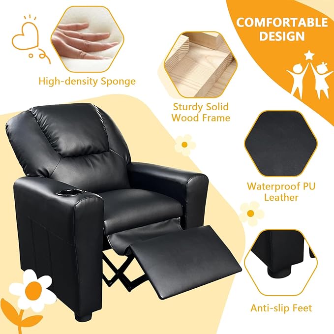 Recliner Chair for Living Room PU Leather Recliner Chair Winback Single Sofa Home Theater Chairs Adjustable Modern Reclining Chair with Padded Seat Backrest for Kids (Black)