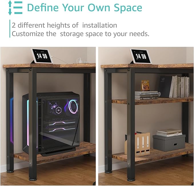 Lufeiya L Shaped Computer Desk with Drawers &amp Storage Shelves 55 Inch Corner Desk with Power Outlet for Home Office Bedroom L-Shaped Teen PC Gaming Desks with Fabric Drawer Rustic Brown
