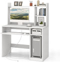 Tangkula White Desk with Hutch &ampCharging Station Home Office Desk with Keyboard Tray &amp CPU Stand Modern Laptop PC Desk Space-Saving Writing Study Desk with Bookshelf Ideal for Dorm Bedroom