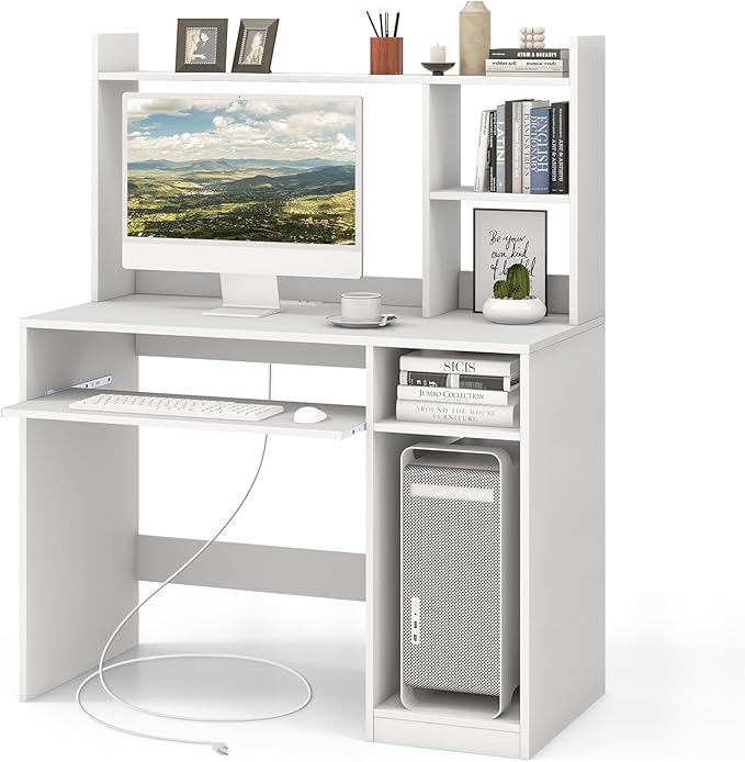 Tangkula White Desk with Hutch &ampCharging Station Home Office Desk with Keyboard Tray &amp CPU Stand Modern Laptop PC Desk Space-Saving Writing Study Desk with Bookshelf Ideal for Dorm Bedroom