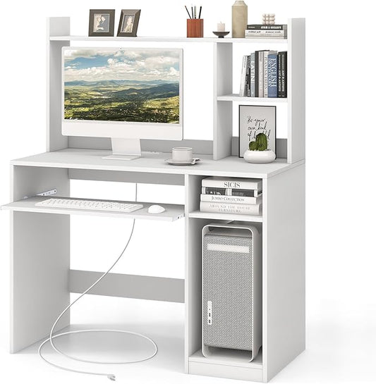 Tangkula White Desk with Hutch &ampCharging Station Home Office Desk with Keyboard Tray &amp CPU Stand Modern Laptop PC Desk Space-Saving Writing Study Desk with Bookshelf Ideal for Dorm Bedroom