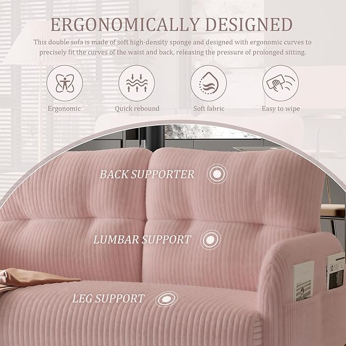 Corduroy Loveseat for Living Room &amp Bedroom - Modern 2-Seater Sofa with Storage PocketsSolid Wood Frame High-Density FoamComfortable Compact Couch for Small Spaces500 lb Capacity (Pink)
