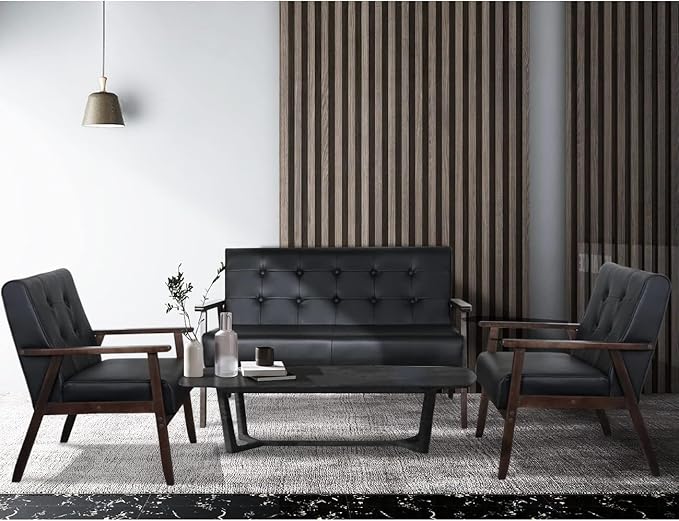 AODAILIHB Black Mid Century Modern Leather Loveseat Sofa Small Office Couch Love Seat with Wood Frame Booth Seating 2 Person Leather Love Seat Couch for Waiting Room