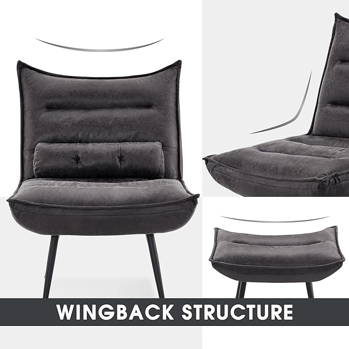 MCombo Wingback Accent Chair with Ottoman Modern Bronzing Fabric Upholstered Club Chair for Small Space Living Room 4400 (Dark Grey)