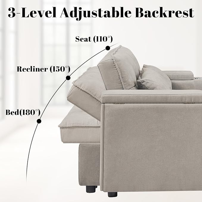 Rovibek 3 in 1 Sofa Bed 65 Inch Convertible Pull Out Couch with USB and Type-C Ports Loveseat Sleeper Bed with Small Table 3 Level Adjustable Backrest for Living Room Khaki