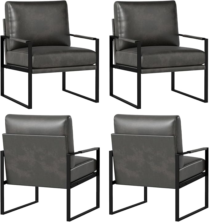 CANMOV Mid Century Modern Accent Chair Set of 4 Breathable PU Leather Armchair with Removable Cushion Comfy Living Room Chairs with Sturdy Metal FrameThicker Backrest for Living RoomDark Grey