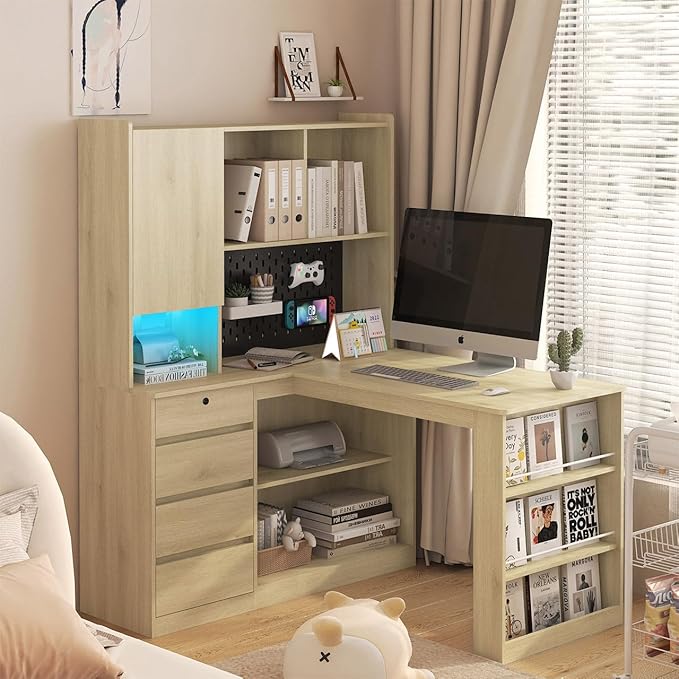 Anwick L Shaped Desk with Hutch Corner Computer Desk with Charging Station &amp Bookshelf &amp File Drawer Standing L Shape Desks for Home Office Bedroom Gaming Room Study Room (Wood)