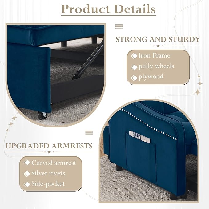 Sleeper Sofa Couch with Type C USB Port 3 in 1 Modern Comfy Velvet Convertible Loveseat Sofa w/Pull Out Bed Curved Armrest for Small Space Livingroom Apartment Office Blue