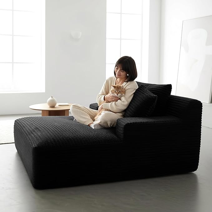 Container Furniture Chamden Oversized Chaise Lounge Chair Modern Corduroy Sofa Bed with Full Foam Cushioning Cozy Convertible Sleeper for Living Room or Bedroom Black